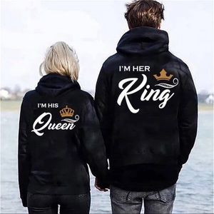 Her King His Queen Couple Hooded Print Sweatshirt Casual King Queen Letter